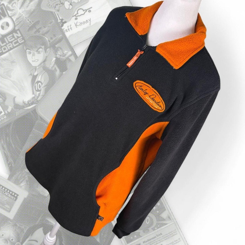 Vintage Y2K Black Orange Graphic Harley Davidson Pullover Fleece Quarter Zip